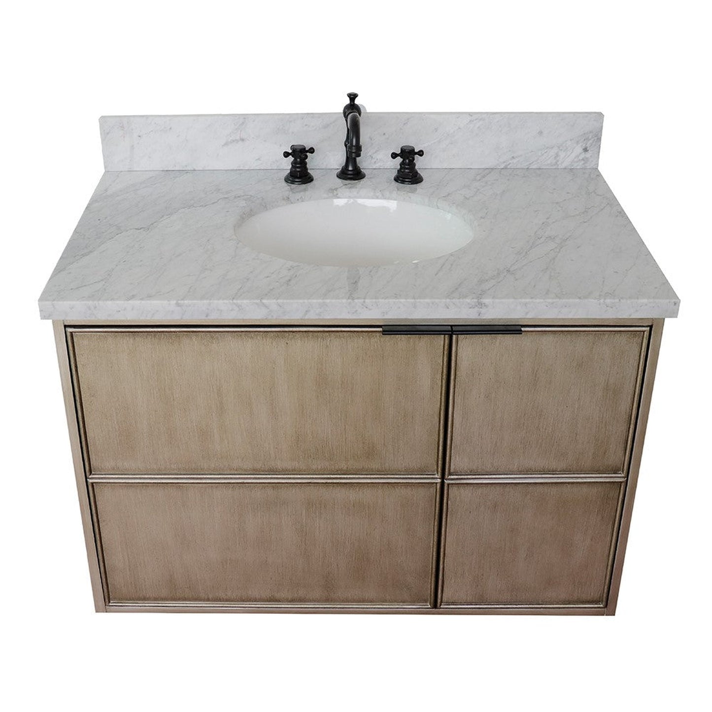 Bellaterra Home Scandi 37" 1-Door 2-Drawer Linen Brown Wall-Mount Vanity Set With Ceramic Undermount Oval Sink and White Carrara Marble Top