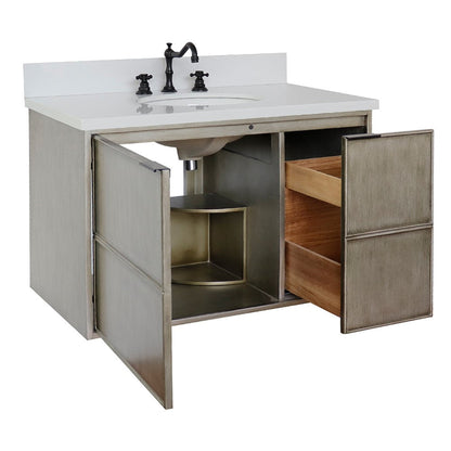 Bellaterra Home Scandi 37" 1-Door 2-Drawer Linen Brown Wall-Mount Vanity Set With Ceramic Undermount Oval Sink and White Quartz Top