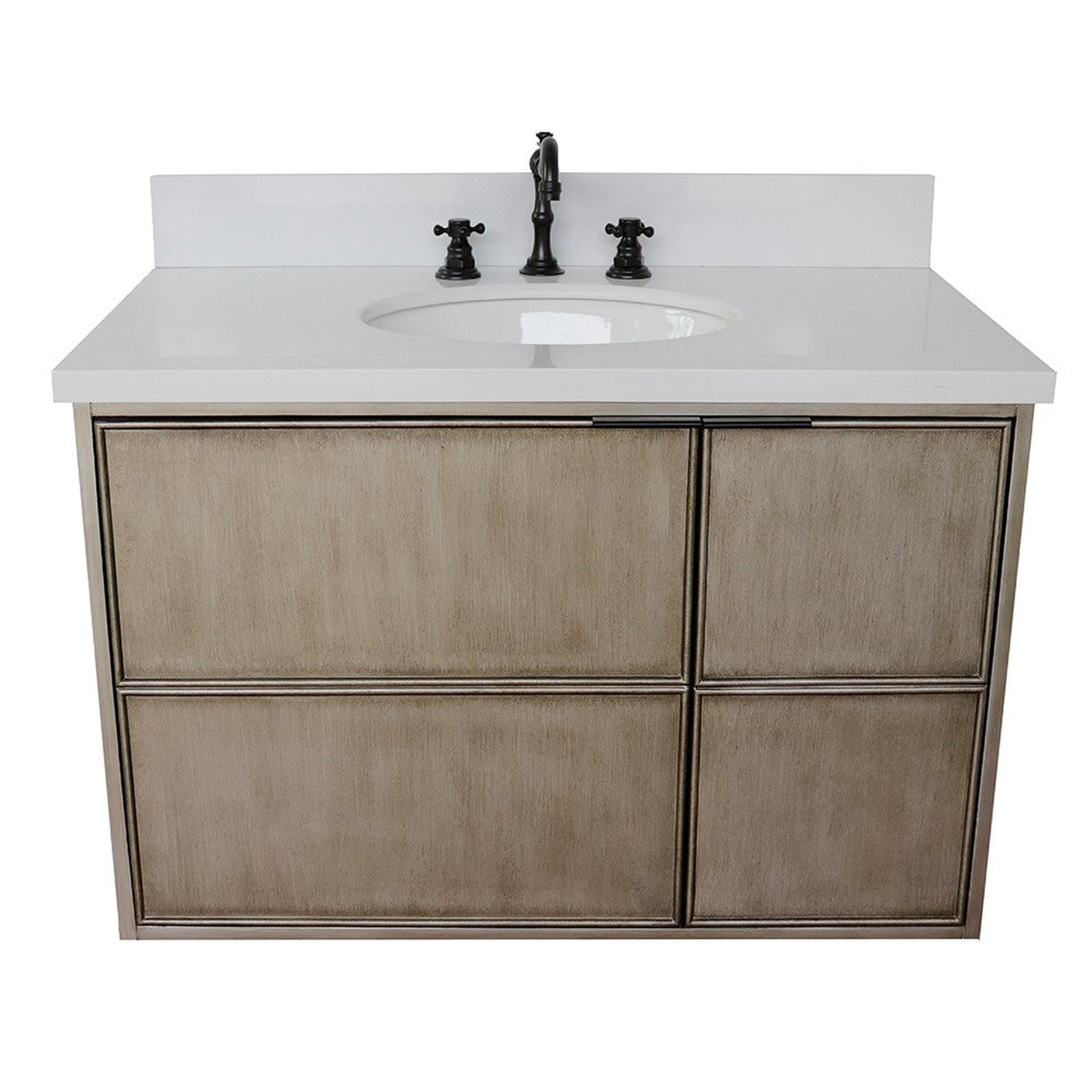 Bellaterra Home Scandi 37" 1-Door 2-Drawer Linen Brown Wall-Mount Vanity Set With Ceramic Undermount Oval Sink and White Quartz Top