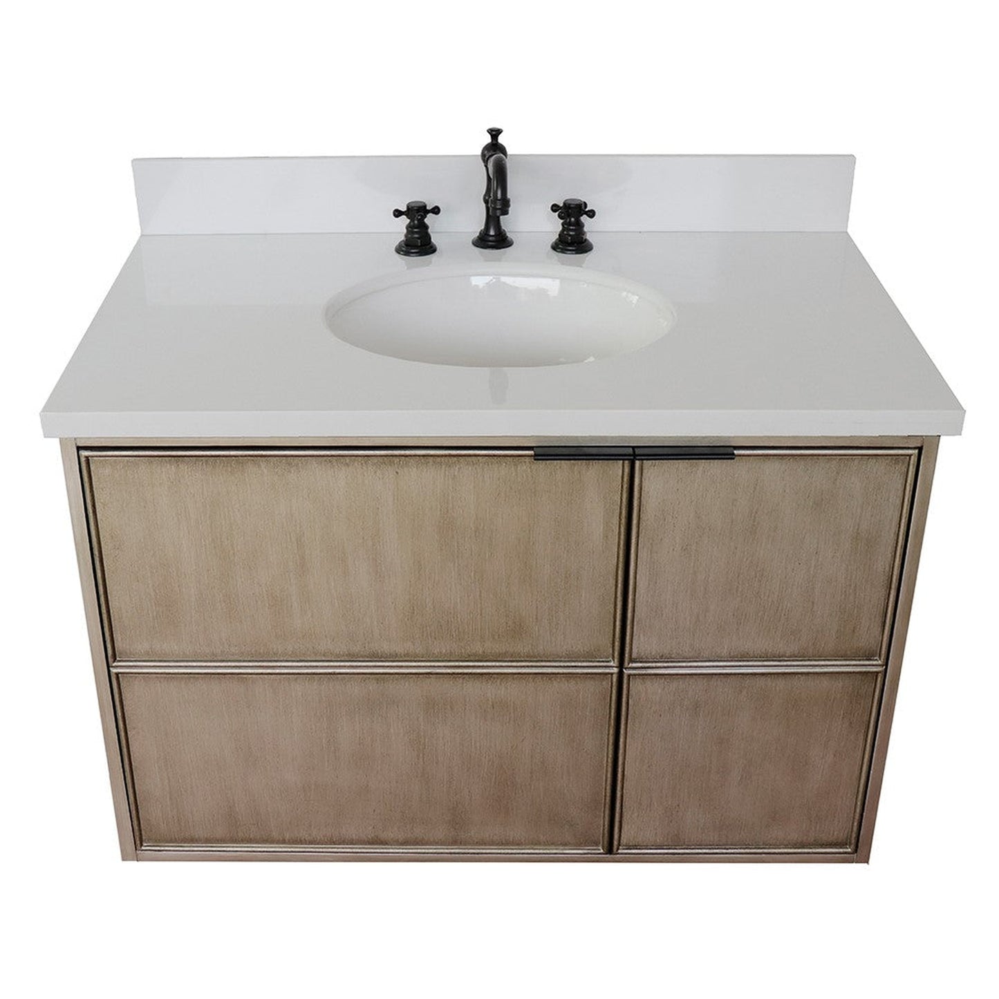 Bellaterra Home Scandi 37" 1-Door 2-Drawer Linen Brown Wall-Mount Vanity Set With Ceramic Undermount Oval Sink and White Quartz Top