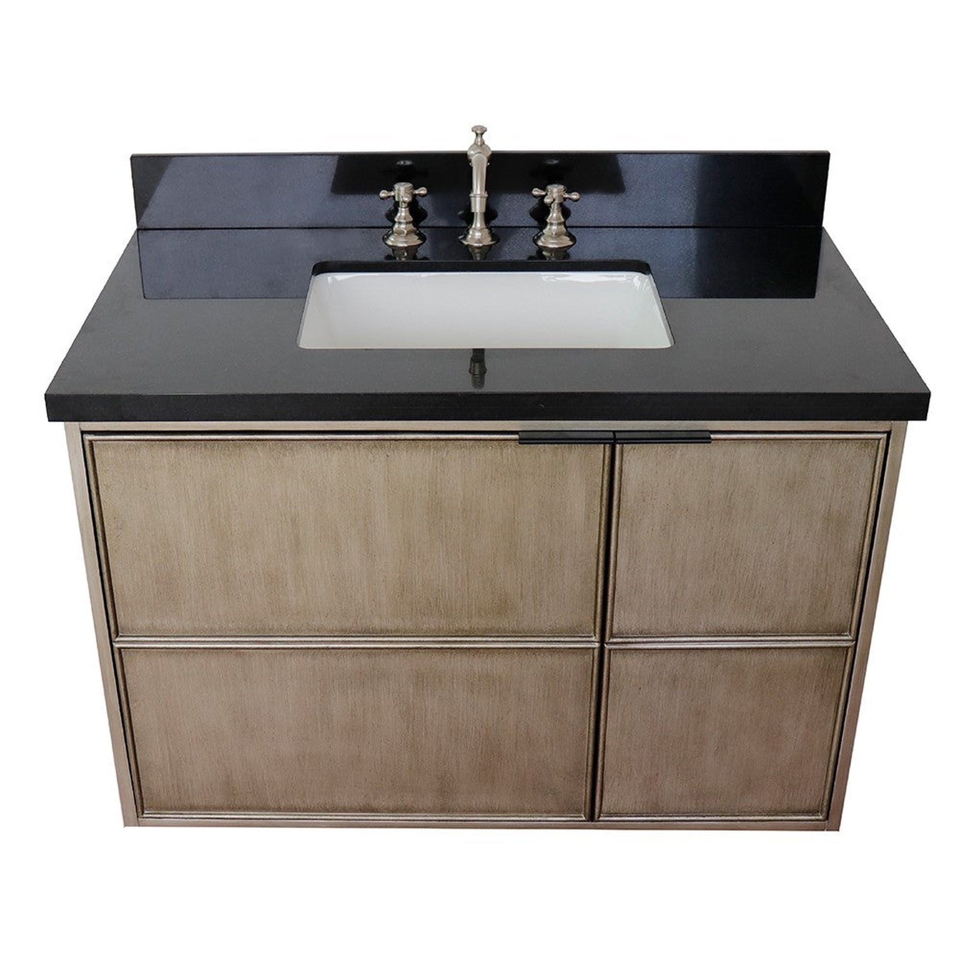 Bellaterra Home Scandi 37" 1-Door 2-Drawer Linen Brown Wall-Mount Vanity Set With Ceramic Undermount Rectangular Sink and Black Galaxy Top