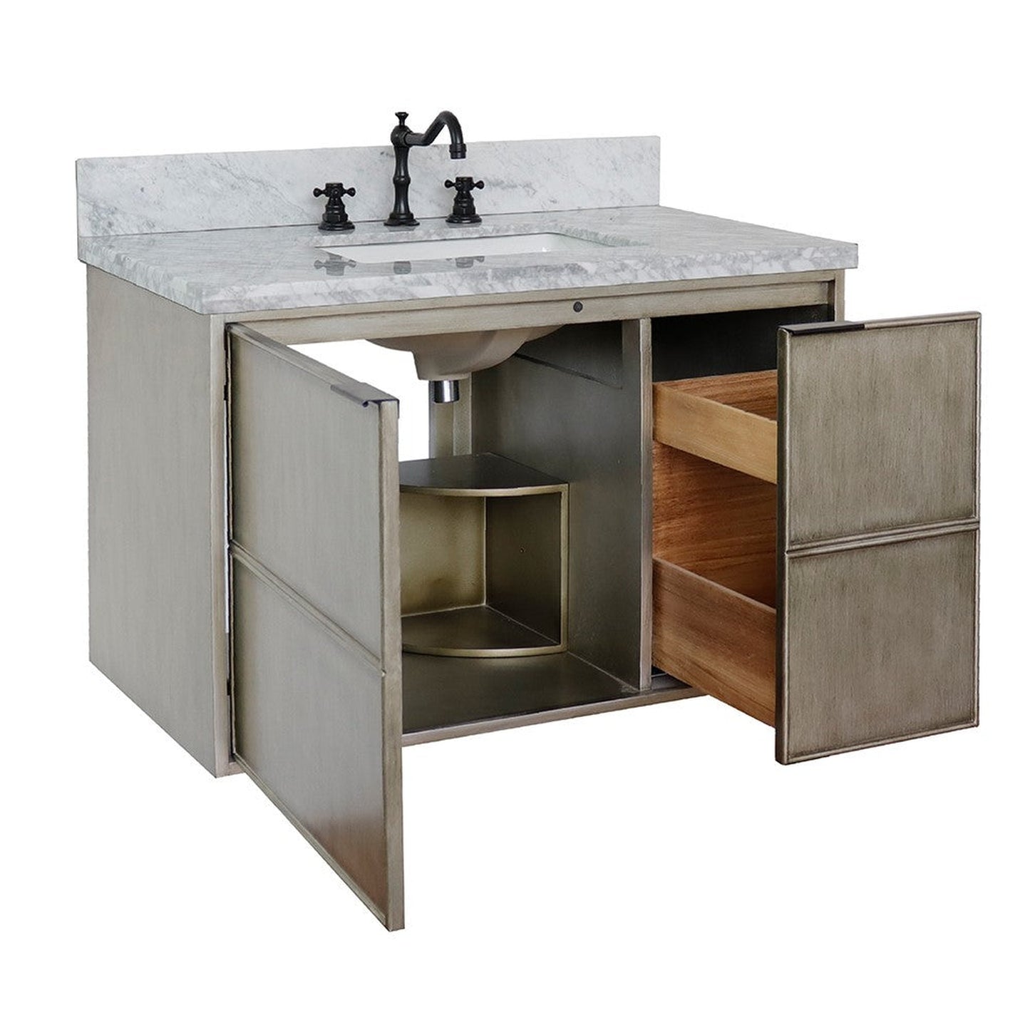 Bellaterra Home Scandi 37" 1-Door 2-Drawer Linen Brown Wall-Mount Vanity Set With Ceramic Undermount Rectangular Sink and White Carrara Marble Top