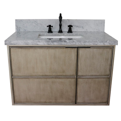 Bellaterra Home Scandi 37" 1-Door 2-Drawer Linen Brown Wall-Mount Vanity Set With Ceramic Undermount Rectangular Sink and White Carrara Marble Top