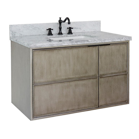 Bellaterra Home Scandi 37" 1-Door 2-Drawer Linen Brown Wall-Mount Vanity Set With Ceramic Undermount Rectangular Sink and White Carrara Marble Top