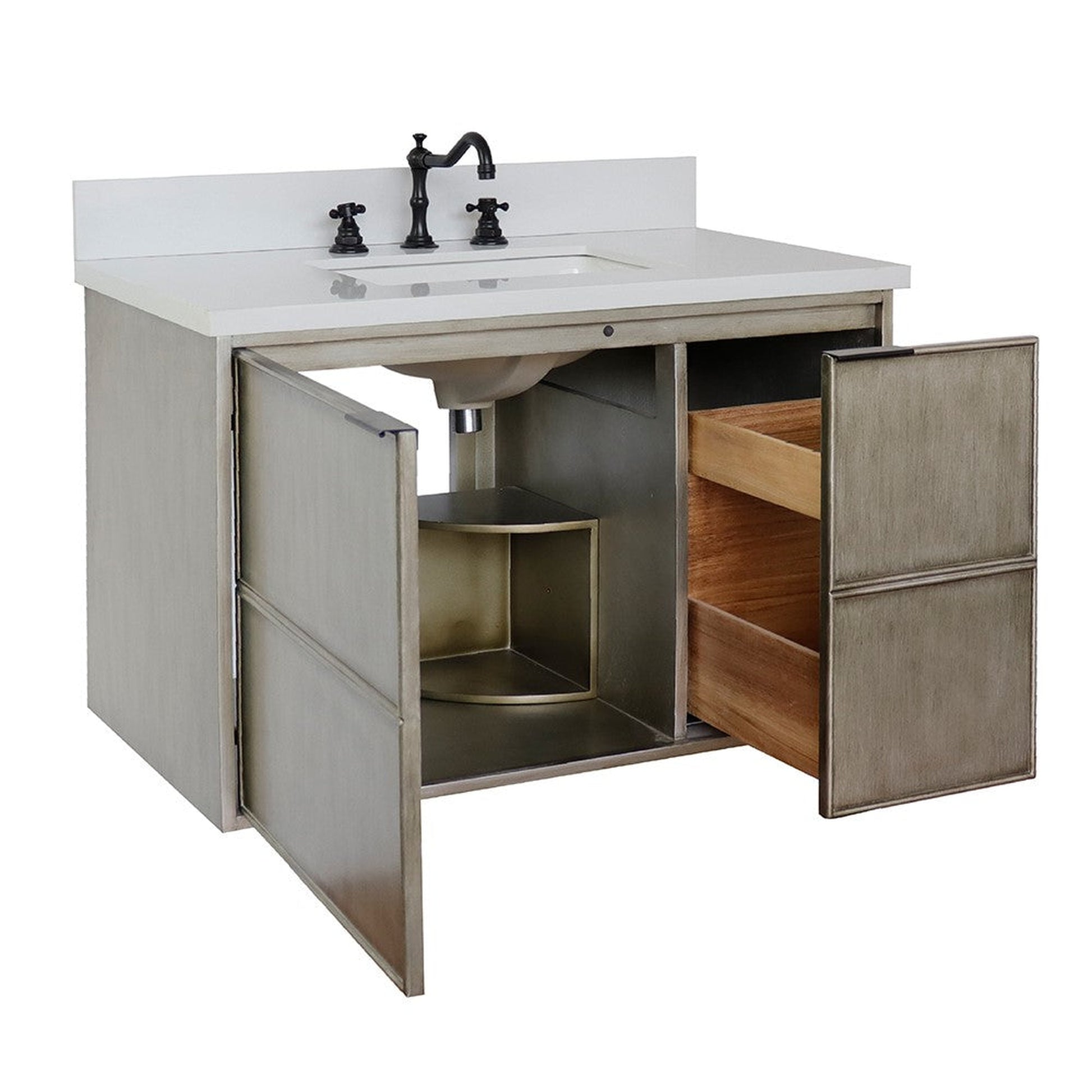 Bellaterra Home Scandi 37" 1-Door 2-Drawer Linen Brown Wall-Mount Vanity Set With Ceramic Undermount Rectangular Sink and White Quartz Top