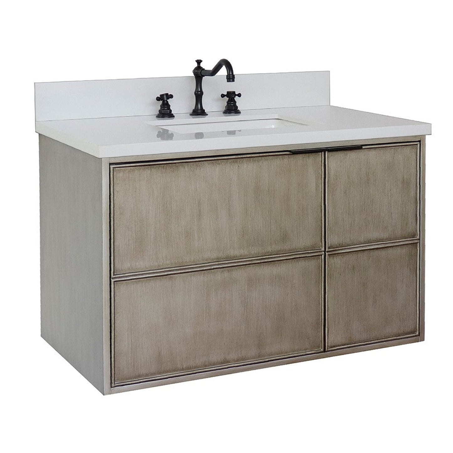 Bellaterra Home Scandi 37" 1-Door 2-Drawer Linen Brown Wall-Mount Vanity Set With Ceramic Undermount Rectangular Sink and White Quartz Top