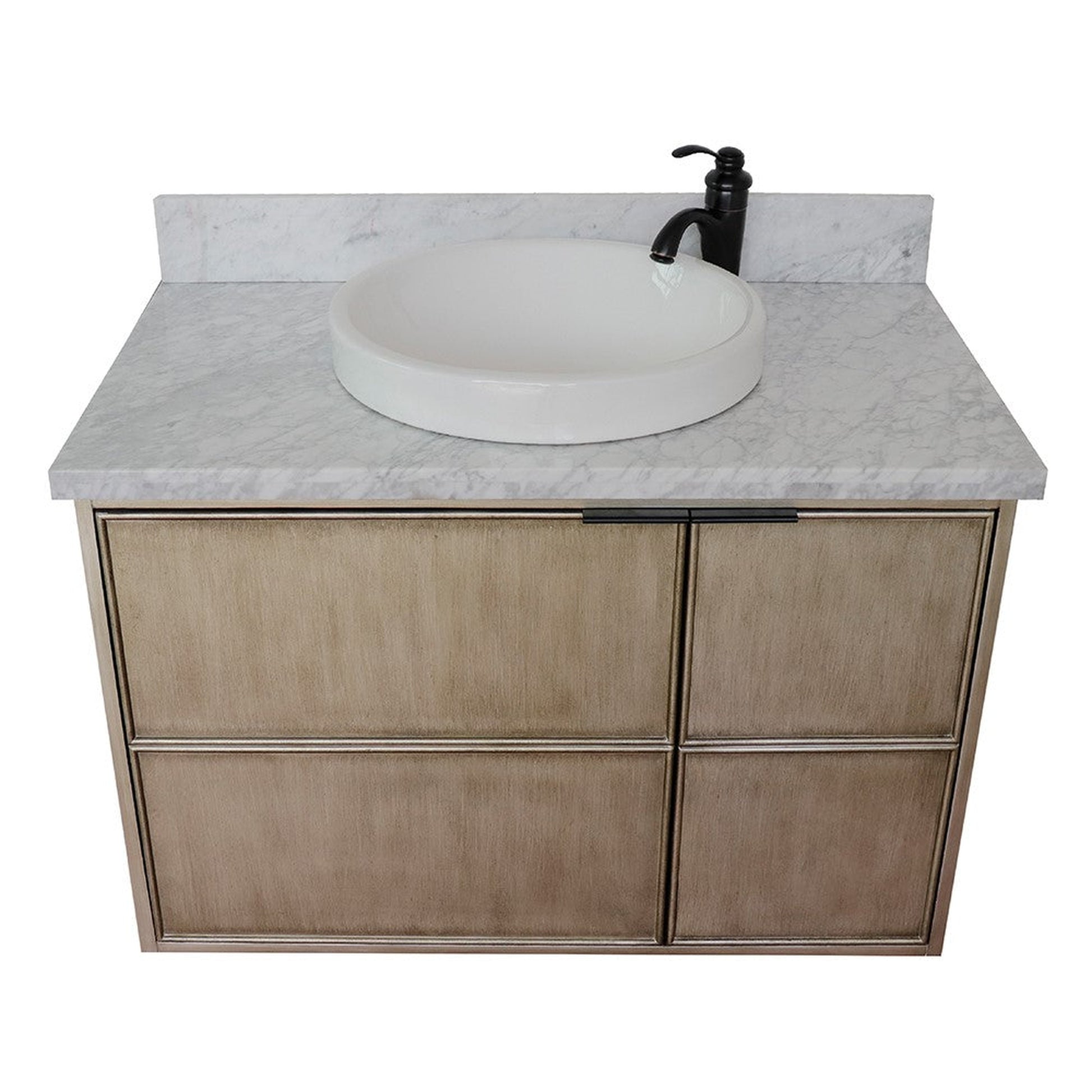 Bellaterra Home Scandi 37" 1-Door 2-Drawer Linen Brown Wall-Mount Vanity Set With Ceramic Vessel Sink and White Carrara Marble Top