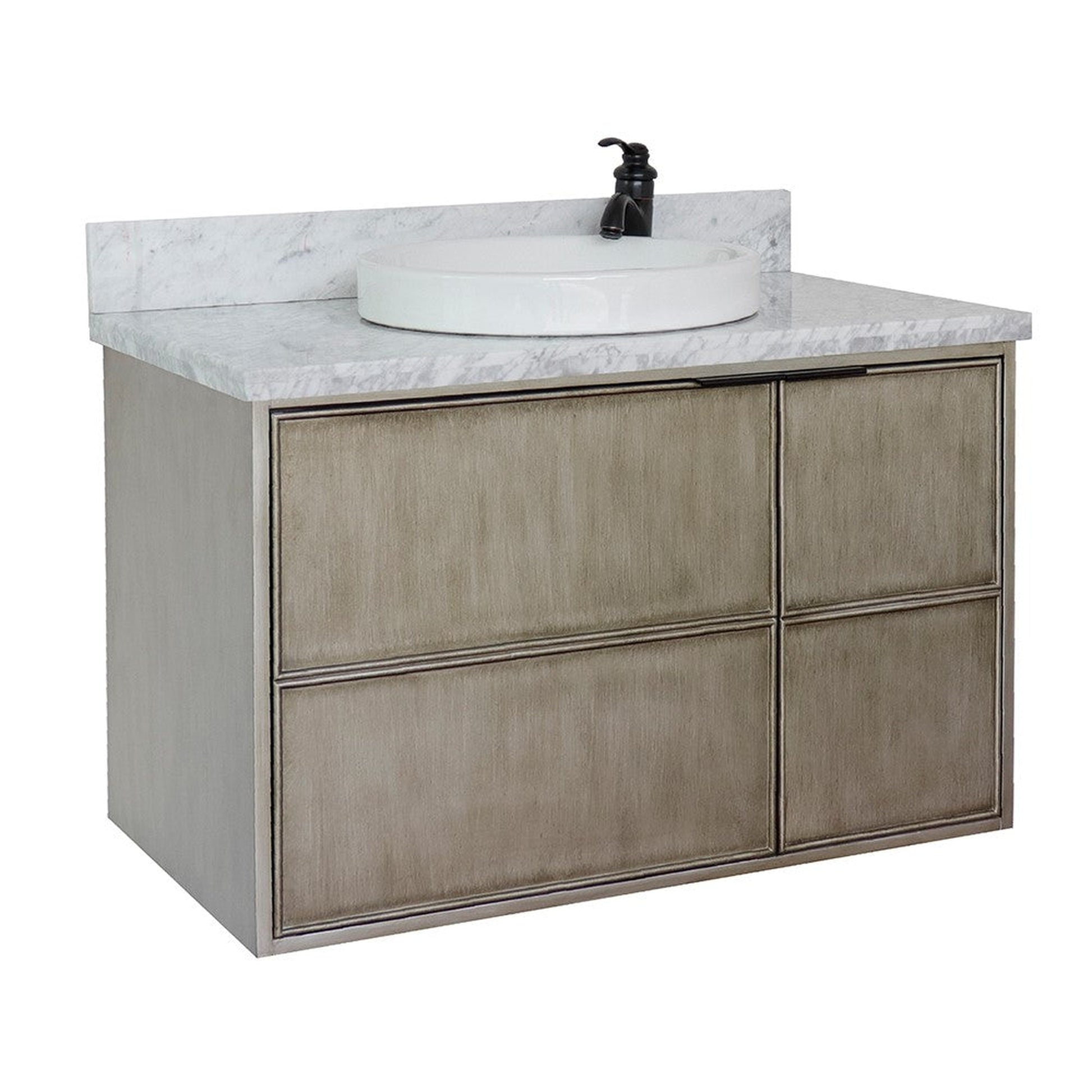 Bellaterra Home Scandi 37" 1-Door 2-Drawer Linen Brown Wall-Mount Vanity Set With Ceramic Vessel Sink and White Carrara Marble Top