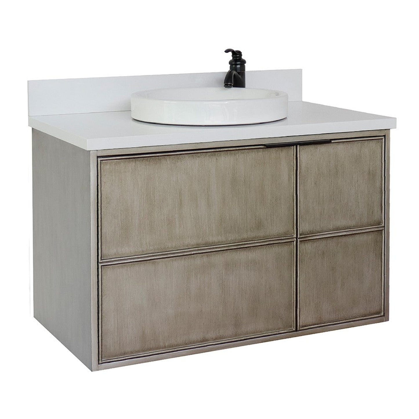 Bellaterra Home Scandi 37" 1-Door 2-Drawer Linen Brown Wall-Mount Vanity Set With Ceramic Vessel Sink and White Quartz Top