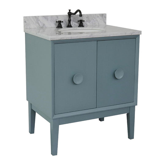 Bellaterra Home Stora 31" 2-Door 1-Drawer Aqua Blue Freestanding Vanity Set With Ceramic Undermount Oval Sink and White Carrara Marble Top