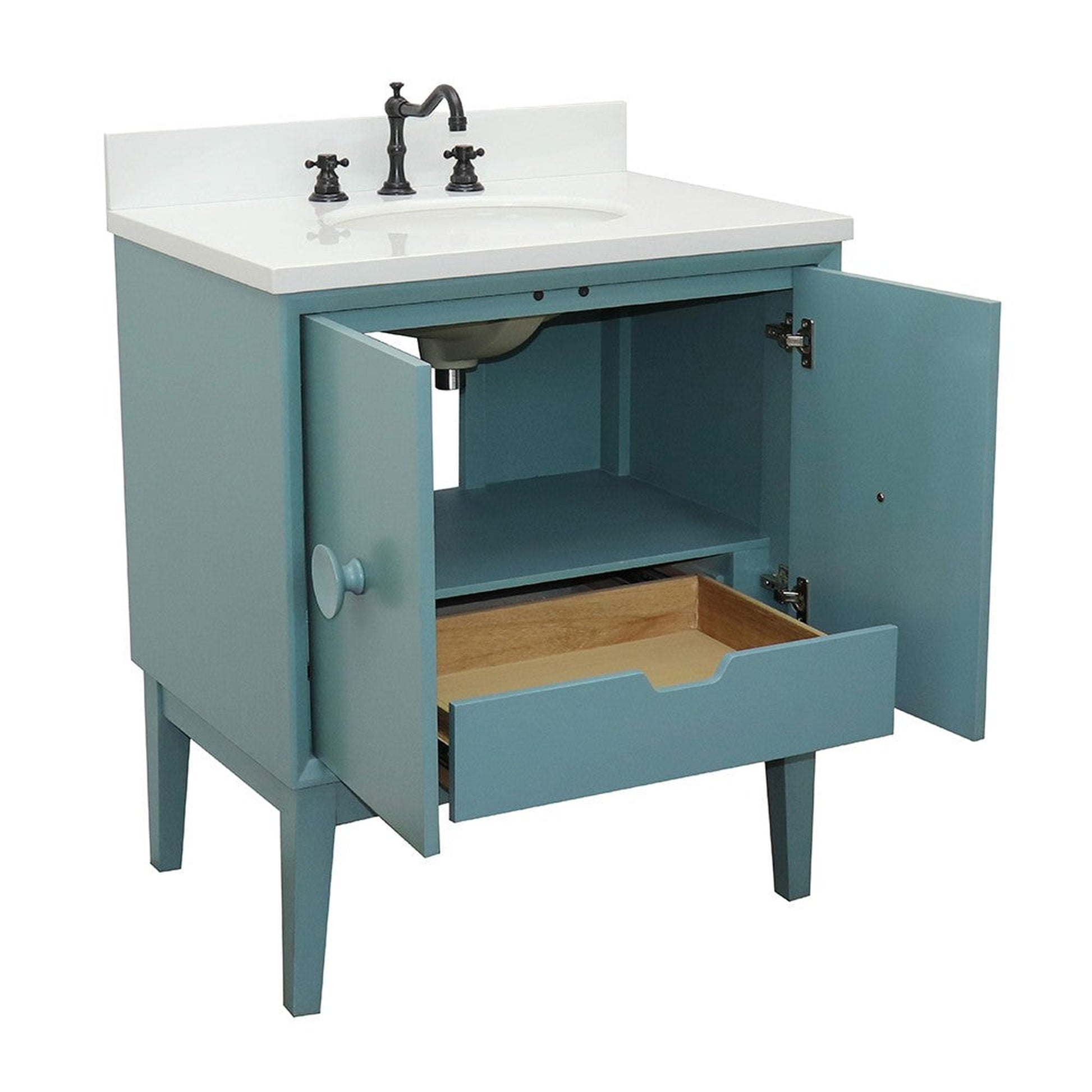 Bellaterra Home Stora 31" 2-Door 1-Drawer Aqua Blue Freestanding Vanity Set With Ceramic Undermount Oval Sink and White Quartz Top