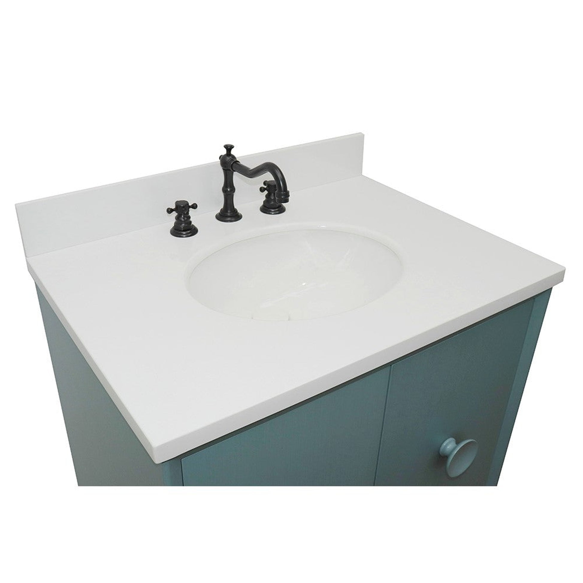 Bellaterra Home Stora 31" 2-Door 1-Drawer Aqua Blue Freestanding Vanity Set With Ceramic Undermount Oval Sink and White Quartz Top