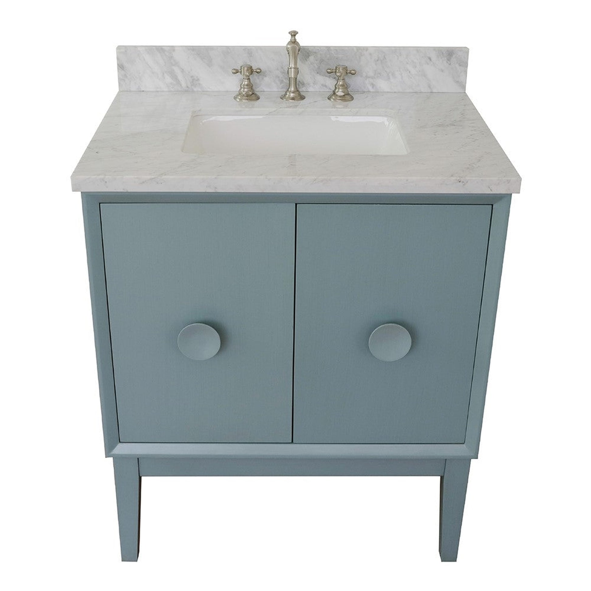 Bellaterra Home Stora 31" 2-Door 1-Drawer Aqua Blue Freestanding Vanity Set With Ceramic Undermount Rectangular Sink and White Carrara Marble Top