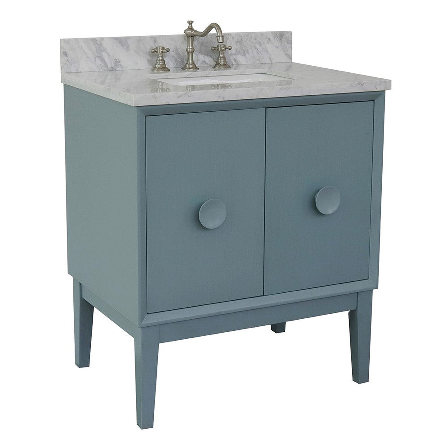 Bellaterra Home Stora 31" 2-Door 1-Drawer Aqua Blue Freestanding Vanity Set With Ceramic Undermount Rectangular Sink and White Carrara Marble Top