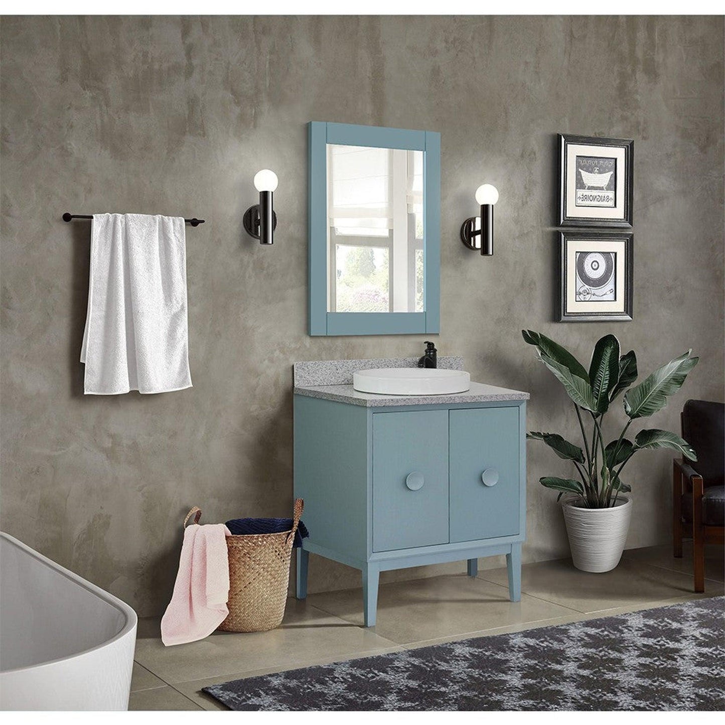 Bellaterra Home Stora 31" 2-Door 1-Drawer Aqua Blue Freestanding Vanity Set With Ceramic Vessel Sink and Gray Granite Top