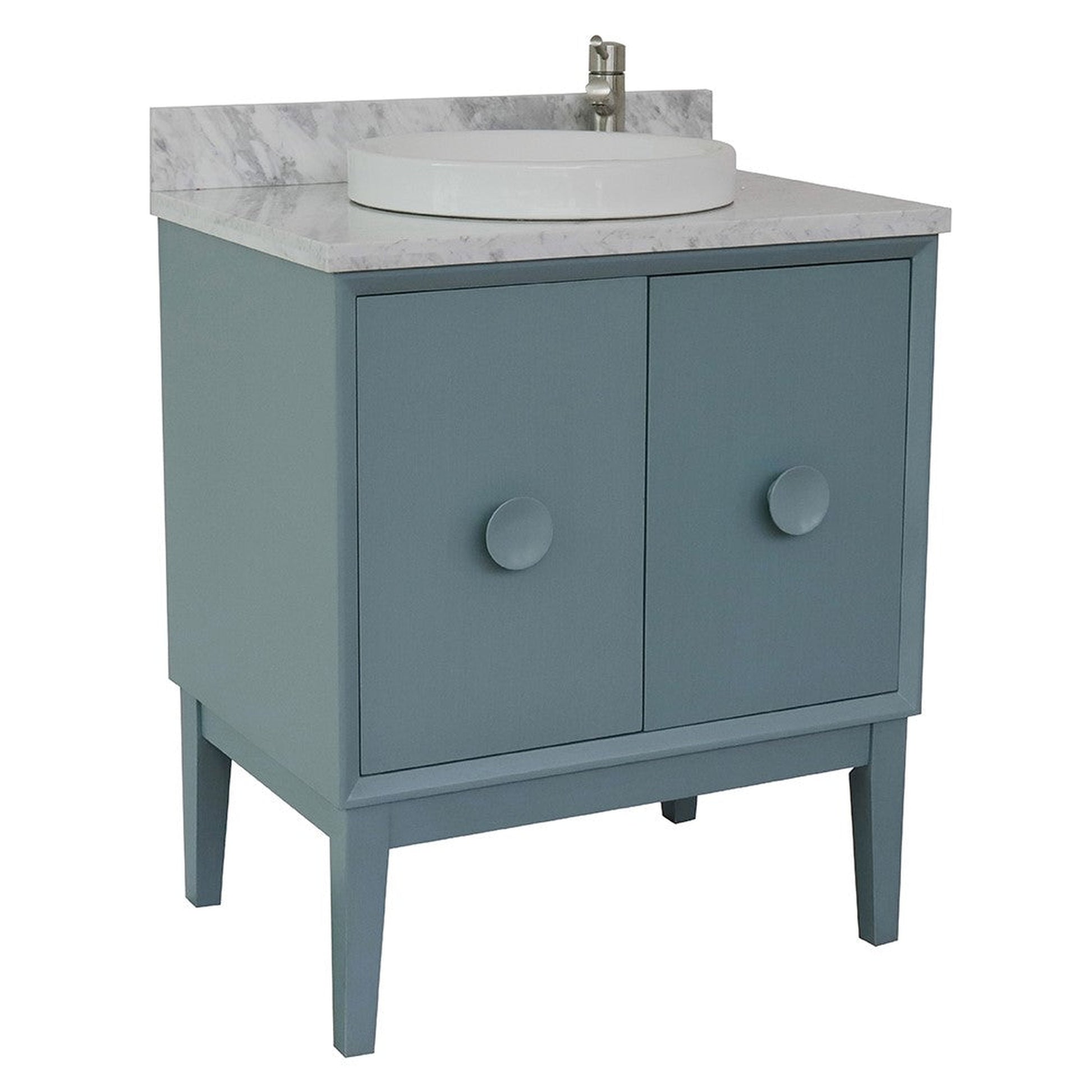 Bellaterra Home Stora 31" 2-Door 1-Drawer Aqua Blue Freestanding Vanity Set With Ceramic Vessel Sink and White Carrara Marble Top