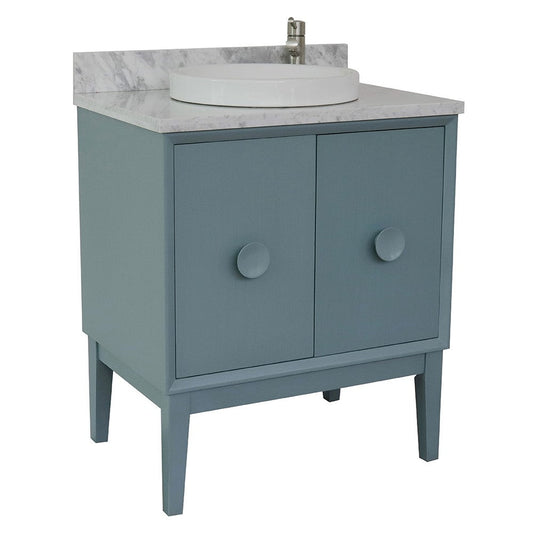 Bellaterra Home Stora 31" 2-Door 1-Drawer Aqua Blue Freestanding Vanity Set With Ceramic Vessel Sink and White Carrara Marble Top