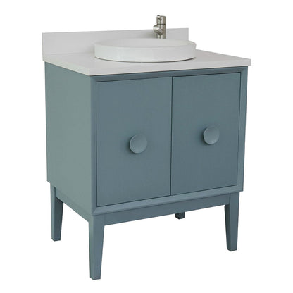 Bellaterra Home Stora 31" 2-Door 1-Drawer Aqua Blue Freestanding Vanity Set With Ceramic Vessel Sink and White Quartz Top