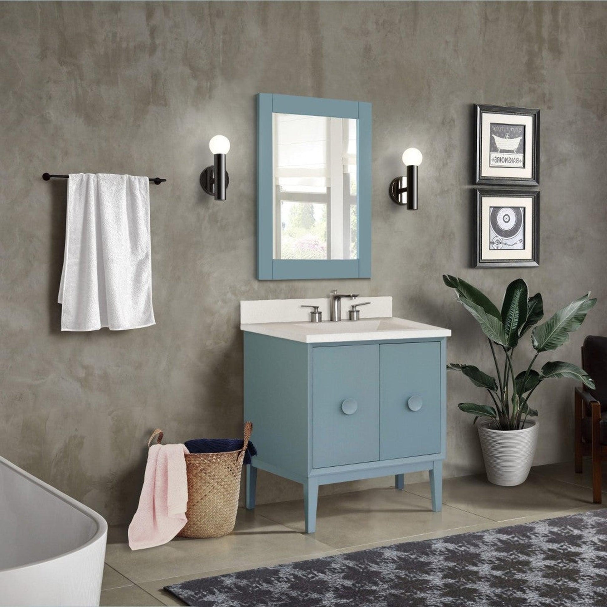 Bellaterra Home Stora 31" 2-Door 1-Drawer Aqua Blue Freestanding Vanity Set With Concrete Integrated Rectangular Ramp Sink and White Concrete Top