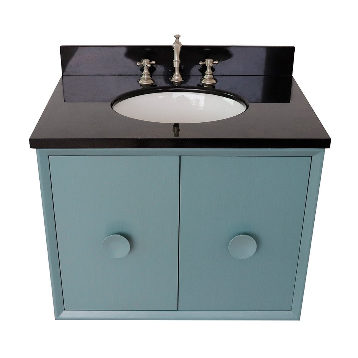 Bellaterra Home Stora 31" 2-Door 1-Drawer Aqua Blue Wall-Mount Vanity Set With Ceramic Undermount Oval Sink and Black Galaxy Top