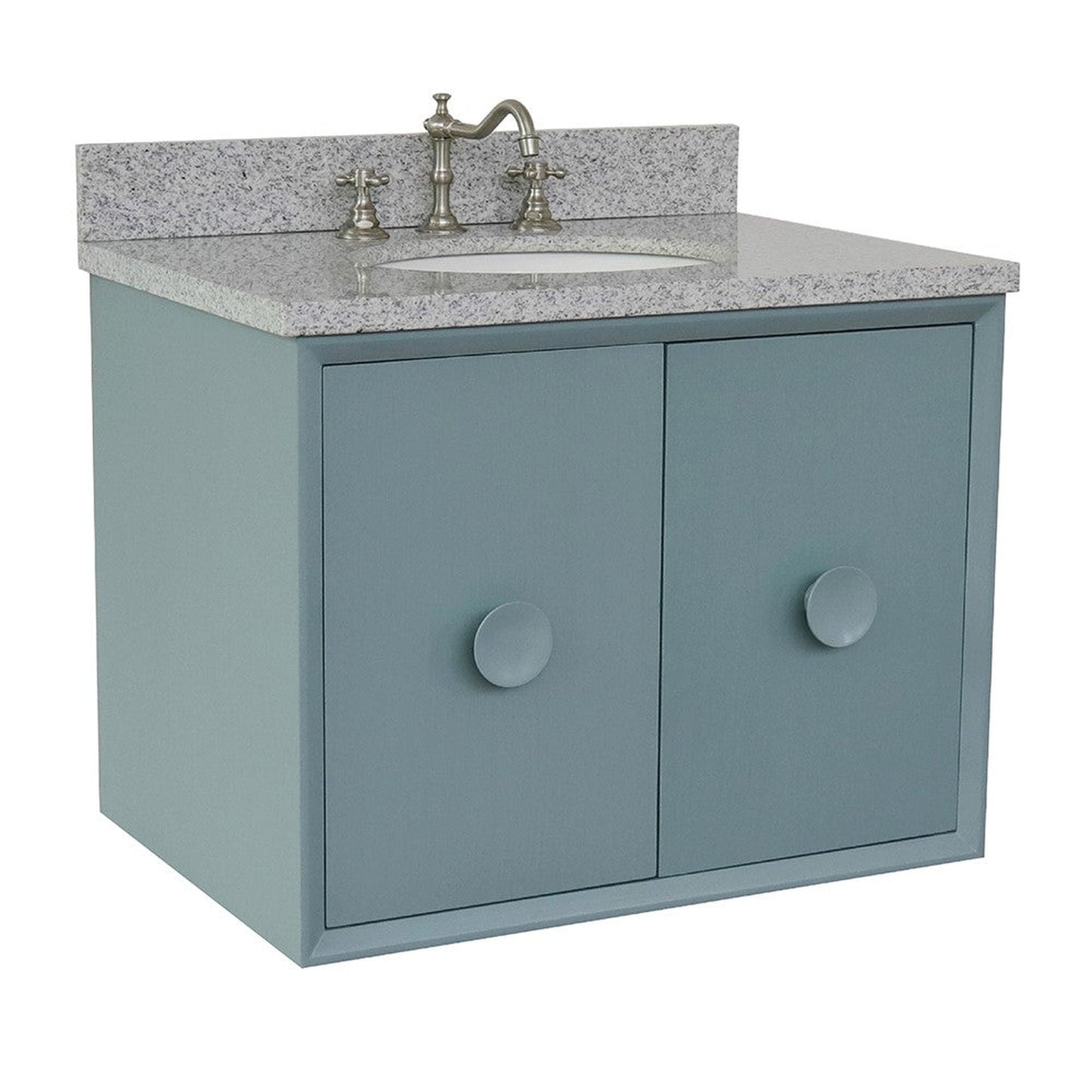 Bellaterra Home Stora 31" 2-Door 1-Drawer Aqua Blue Wall-Mount Vanity Set With Ceramic Undermount Oval Sink and Gray Granite Top