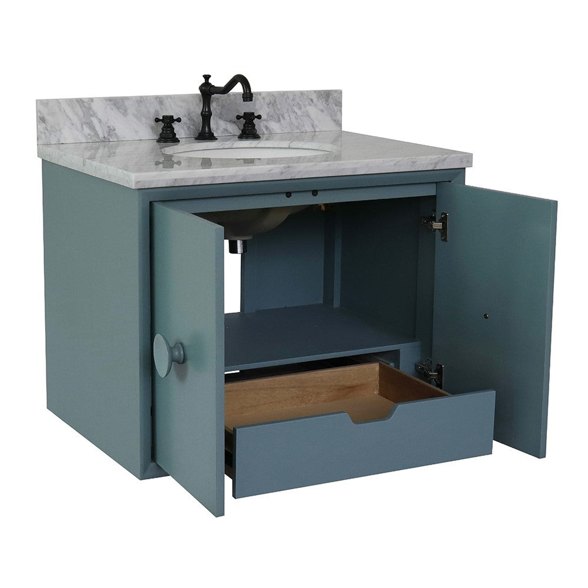 Bellaterra Home Stora 31" 2-Door 1-Drawer Aqua Blue Wall-Mount Vanity Set With Ceramic Undermount Oval Sink and White Carrara Marble Top