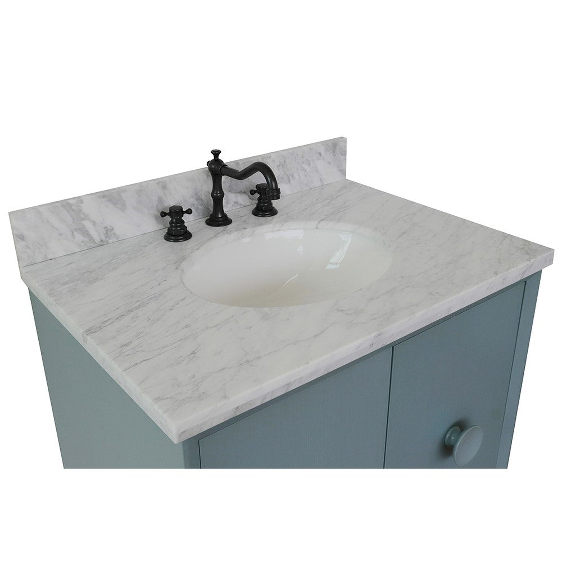 Bellaterra Home Stora 31" 2-Door 1-Drawer Aqua Blue Wall-Mount Vanity Set With Ceramic Undermount Oval Sink and White Carrara Marble Top