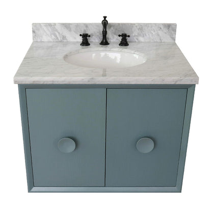 Bellaterra Home Stora 31" 2-Door 1-Drawer Aqua Blue Wall-Mount Vanity Set With Ceramic Undermount Oval Sink and White Carrara Marble Top