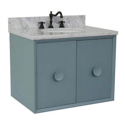 Bellaterra Home Stora 31" 2-Door 1-Drawer Aqua Blue Wall-Mount Vanity Set With Ceramic Undermount Oval Sink and White Carrara Marble Top