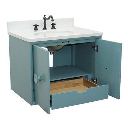 Bellaterra Home Stora 31" 2-Door 1-Drawer Aqua Blue Wall-Mount Vanity Set With Ceramic Undermount Oval Sink and White Quartz Top