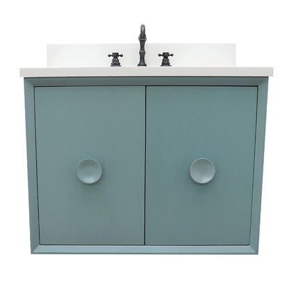 Bellaterra Home Stora 31" 2-Door 1-Drawer Aqua Blue Wall-Mount Vanity Set With Ceramic Undermount Oval Sink and White Quartz Top