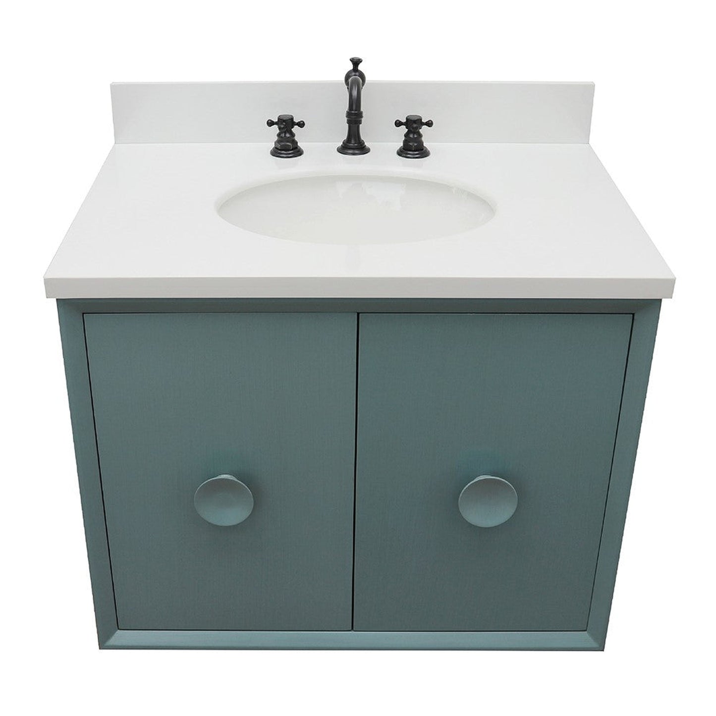 Bellaterra Home Stora 31" 2-Door 1-Drawer Aqua Blue Wall-Mount Vanity Set With Ceramic Undermount Oval Sink and White Quartz Top