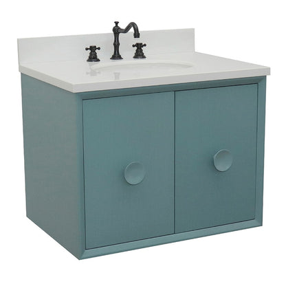 Bellaterra Home Stora 31" 2-Door 1-Drawer Aqua Blue Wall-Mount Vanity Set With Ceramic Undermount Oval Sink and White Quartz Top