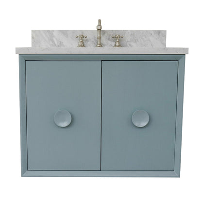 Bellaterra Home Stora 31" 2-Door 1-Drawer Aqua Blue Wall-Mount Vanity Set With Ceramic Undermount Rectangular Sink and White Carrara Marble Top