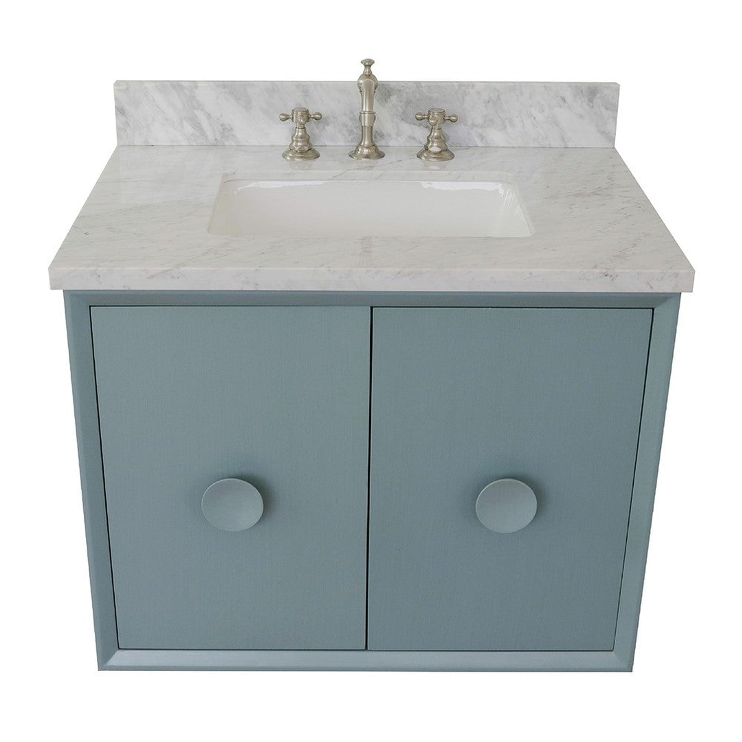 Bellaterra Home Stora 31" 2-Door 1-Drawer Aqua Blue Wall-Mount Vanity Set With Ceramic Undermount Rectangular Sink and White Carrara Marble Top