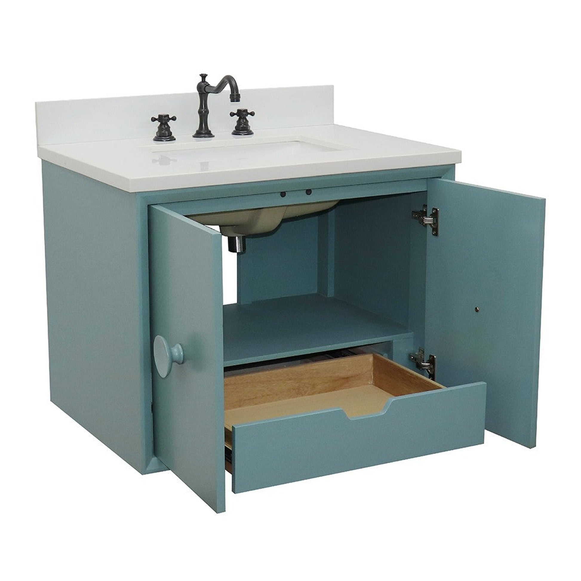 Bellaterra Home Stora 31" 2-Door 1-Drawer Aqua Blue Wall-Mount Vanity Set With Ceramic Undermount Rectangular Sink and White Quartz Top