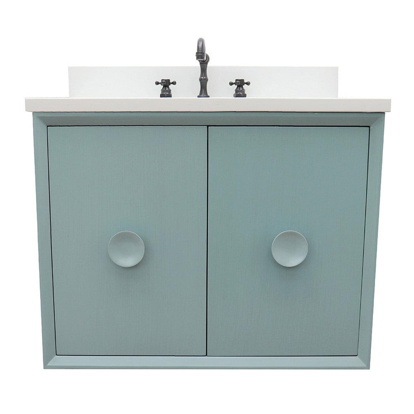 Bellaterra Home Stora 31" 2-Door 1-Drawer Aqua Blue Wall-Mount Vanity Set With Ceramic Undermount Rectangular Sink and White Quartz Top