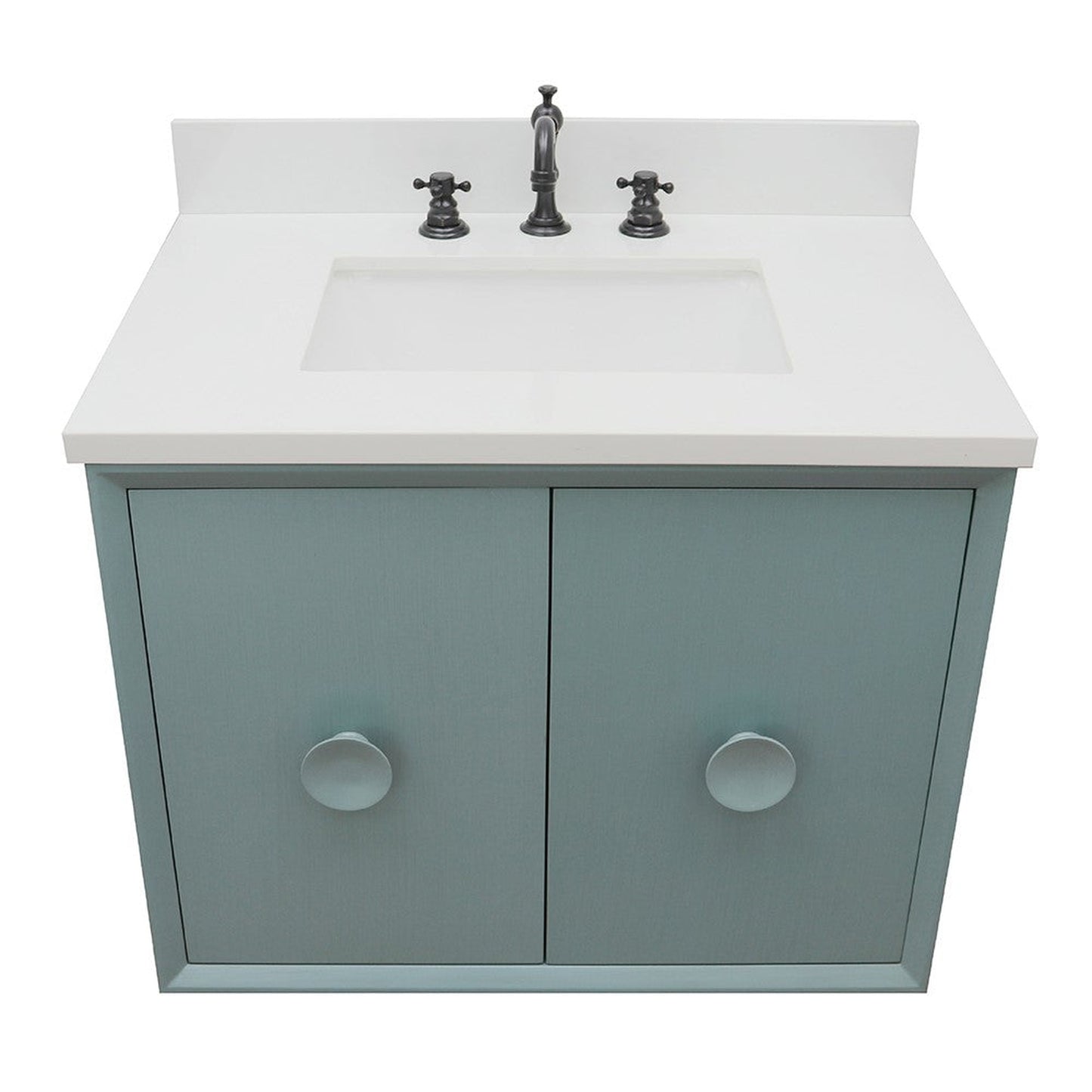 Bellaterra Home Stora 31" 2-Door 1-Drawer Aqua Blue Wall-Mount Vanity Set With Ceramic Undermount Rectangular Sink and White Quartz Top