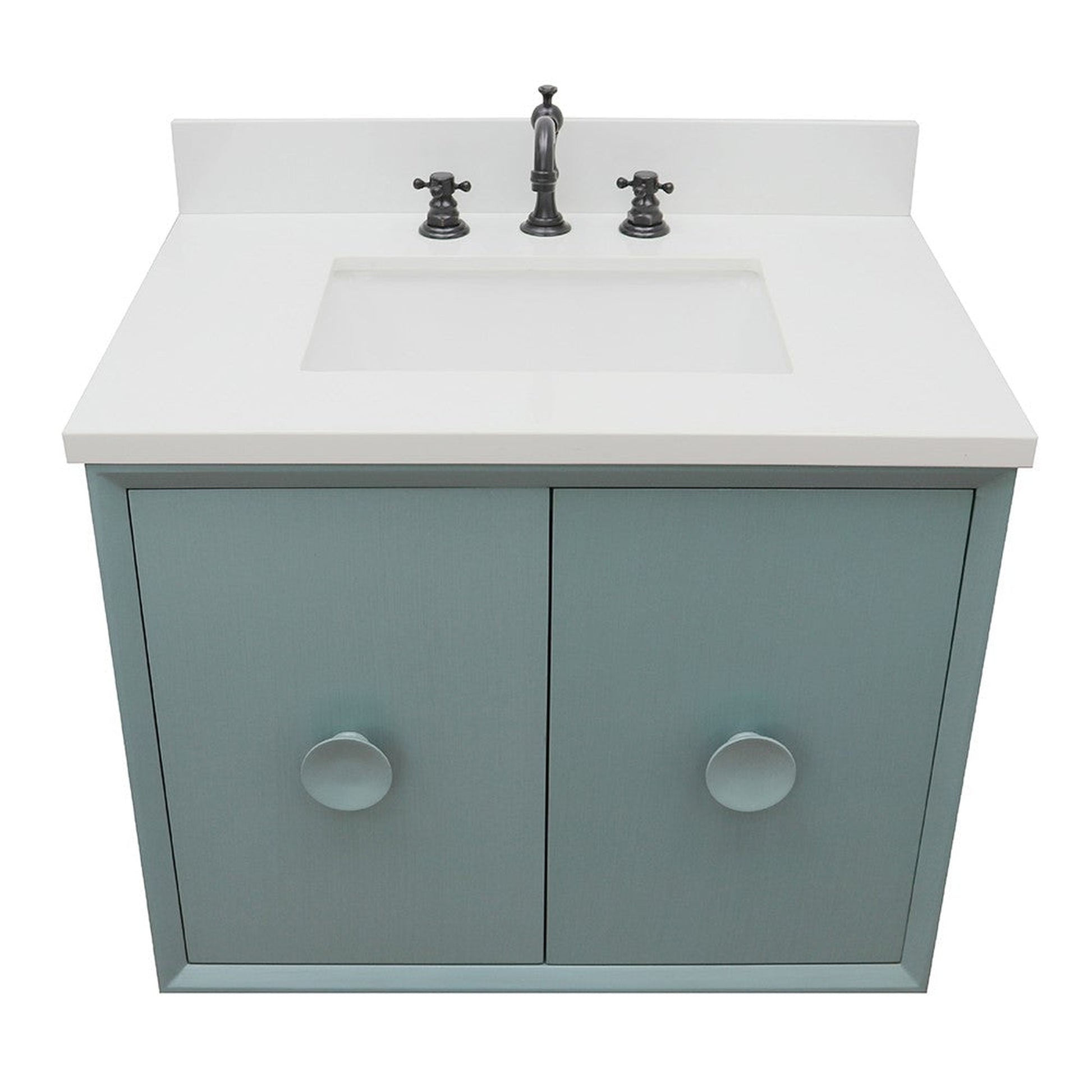 Bellaterra Home Stora 31" 2-Door 1-Drawer Aqua Blue Wall-Mount Vanity Set With Ceramic Undermount Rectangular Sink and White Quartz Top