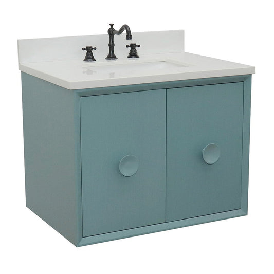 Bellaterra Home Stora 31" 2-Door 1-Drawer Aqua Blue Wall-Mount Vanity Set With Ceramic Undermount Rectangular Sink and White Quartz Top