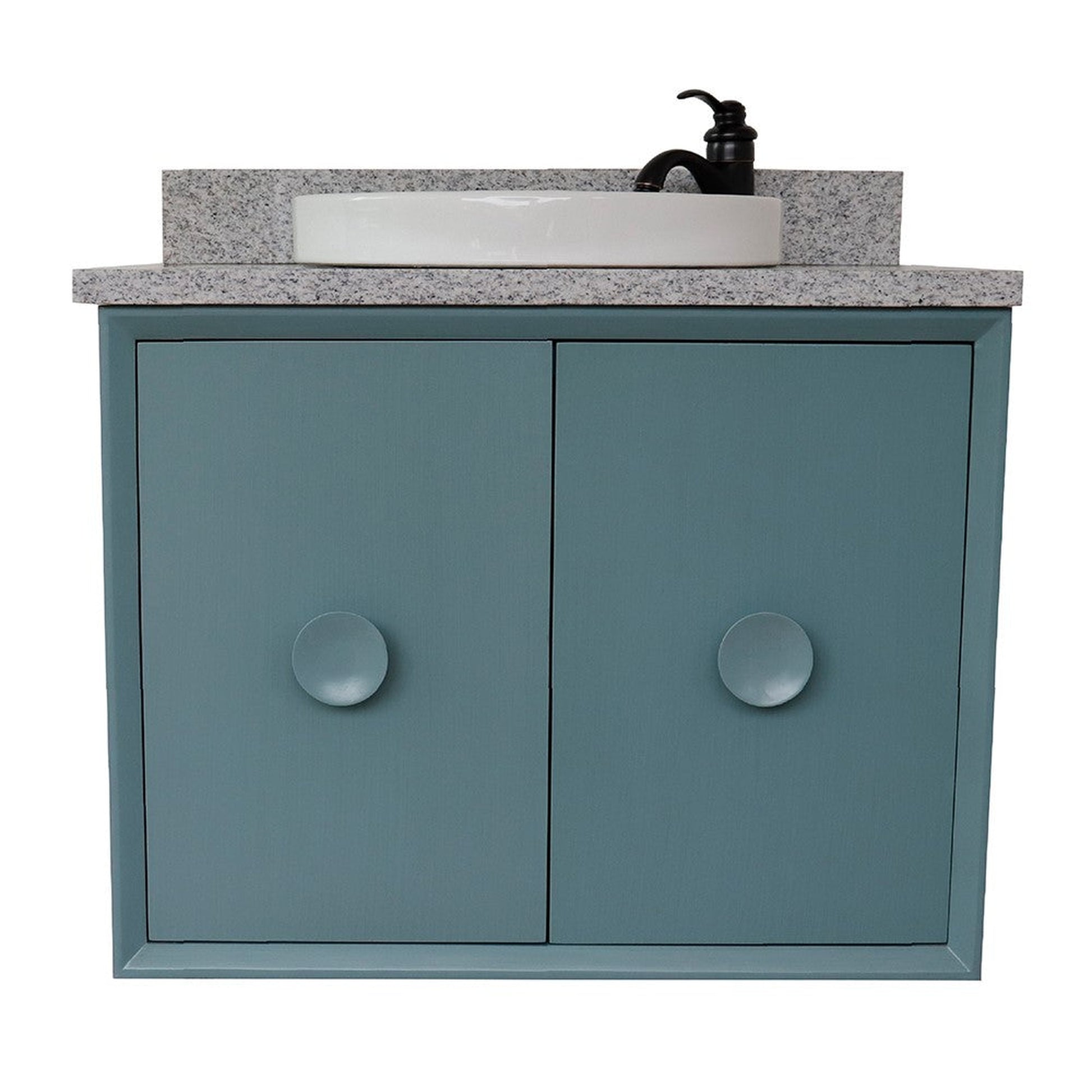 Bellaterra Home Stora 31" 2-Door 1-Drawer Aqua Blue Wall-Mount Vanity Set With Ceramic Vessel Sink and Gray Granite Top