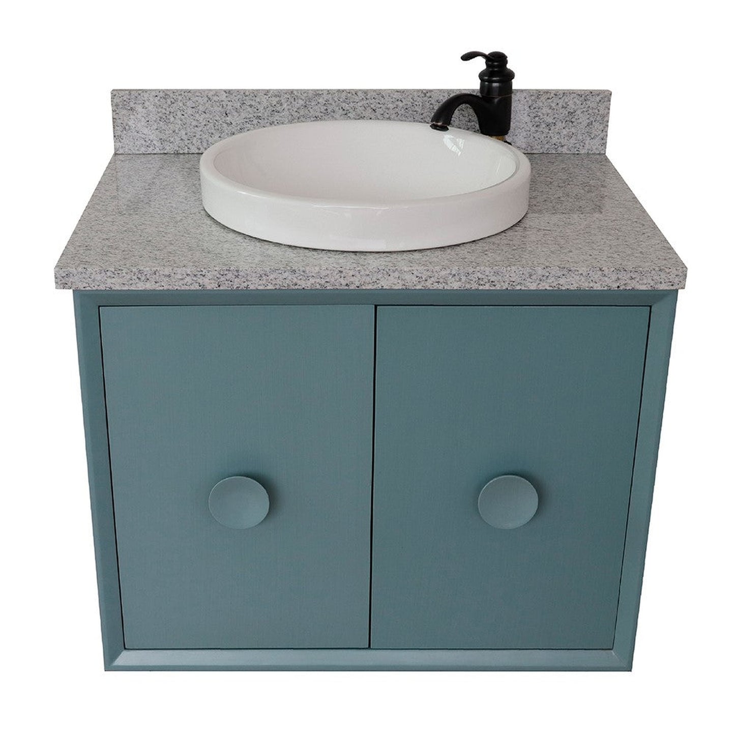 Bellaterra Home Stora 31" 2-Door 1-Drawer Aqua Blue Wall-Mount Vanity Set With Ceramic Vessel Sink and Gray Granite Top