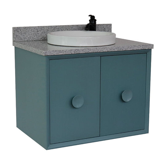 Bellaterra Home Stora 31" 2-Door 1-Drawer Aqua Blue Wall-Mount Vanity Set With Ceramic Vessel Sink and Gray Granite Top