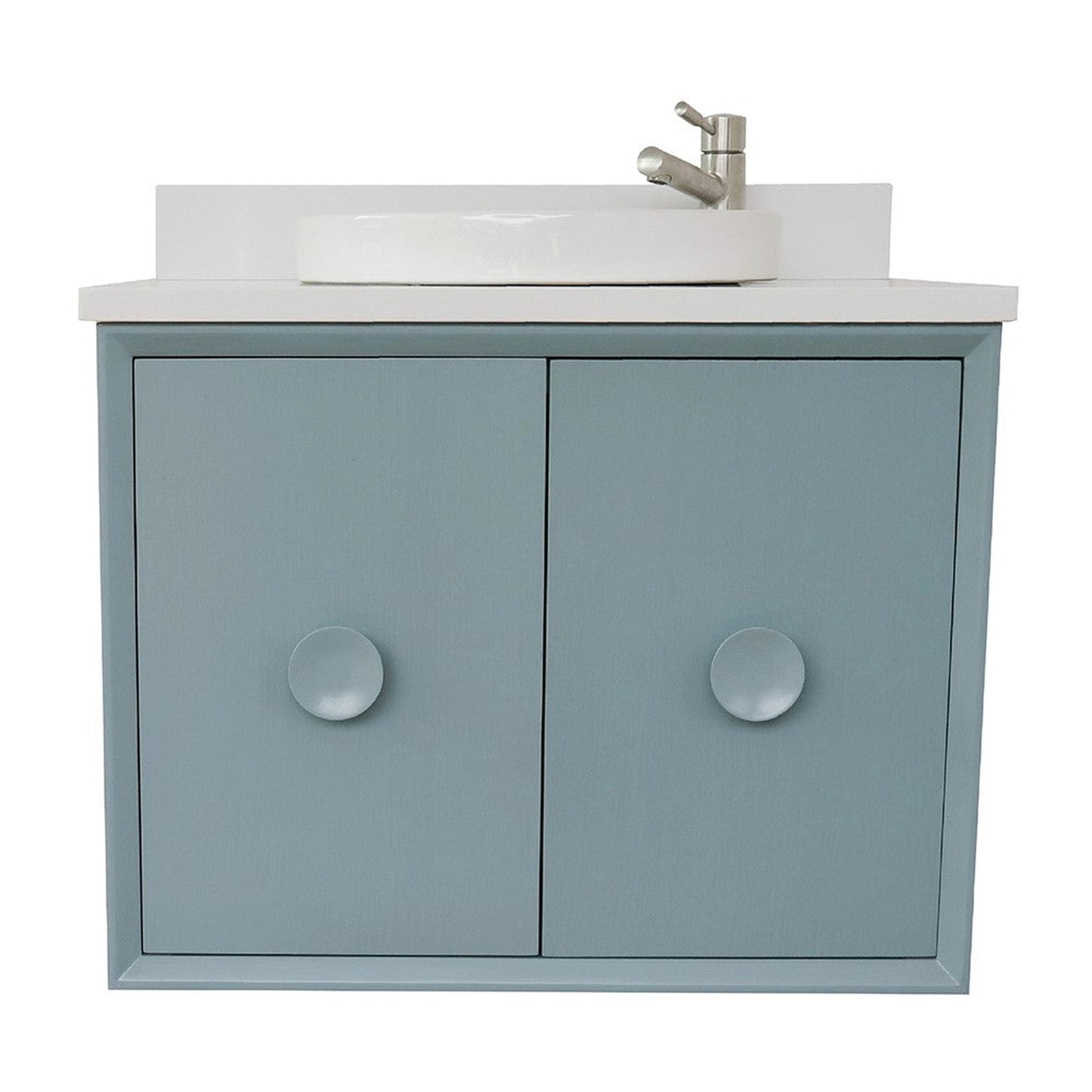 Bellaterra Home Stora 31" 2-Door 1-Drawer Aqua Blue Wall-Mount Vanity Set With Ceramic Vessel Sink and White Quartz Top