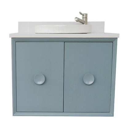 Bellaterra Home Stora 31" 2-Door 1-Drawer Aqua Blue Wall-Mount Vanity Set With Ceramic Vessel Sink and White Quartz Top