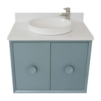 Bellaterra Home Stora 31" 2-Door 1-Drawer Aqua Blue Wall-Mount Vanity Set With Ceramic Vessel Sink and White Quartz Top