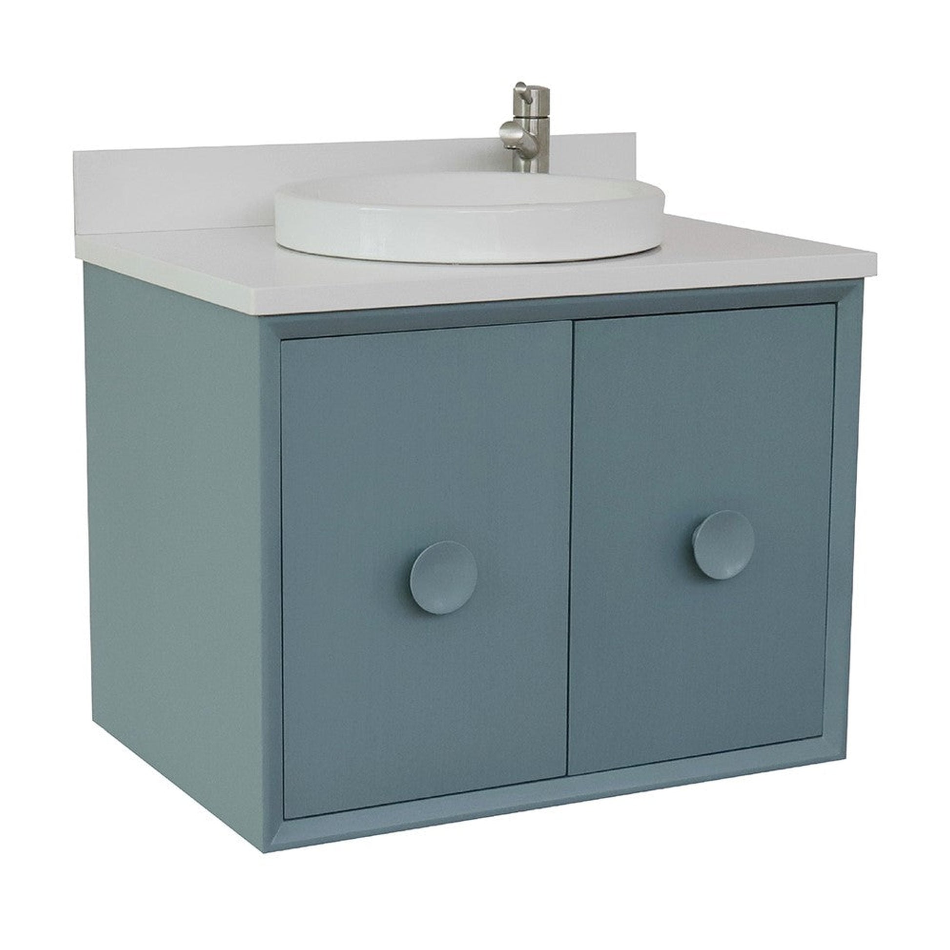 Bellaterra Home Stora 31" 2-Door 1-Drawer Aqua Blue Wall-Mount Vanity Set With Ceramic Vessel Sink and White Quartz Top