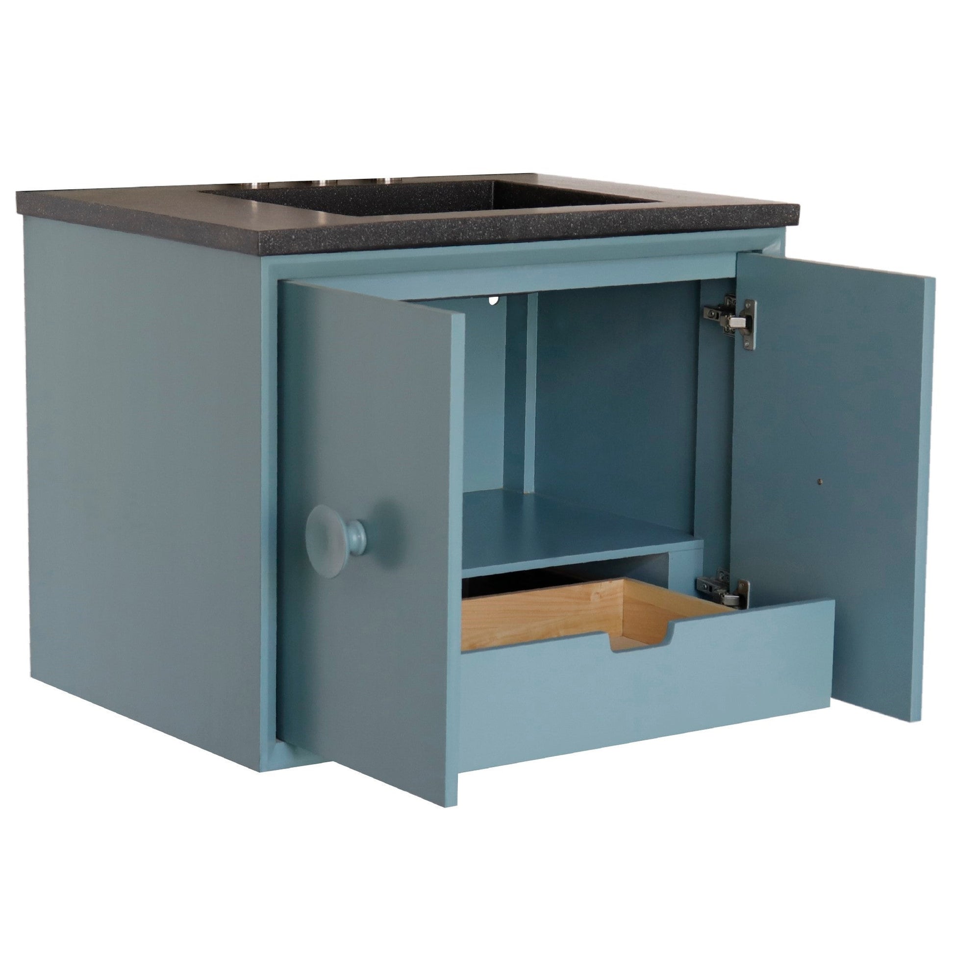 Bellaterra Home Stora 31" 2-Door 1-Drawer Aqua Blue Wall-Mount Vanity Set With Concrete Integrated Rectangular Ramp Sink and Black Concrete Top