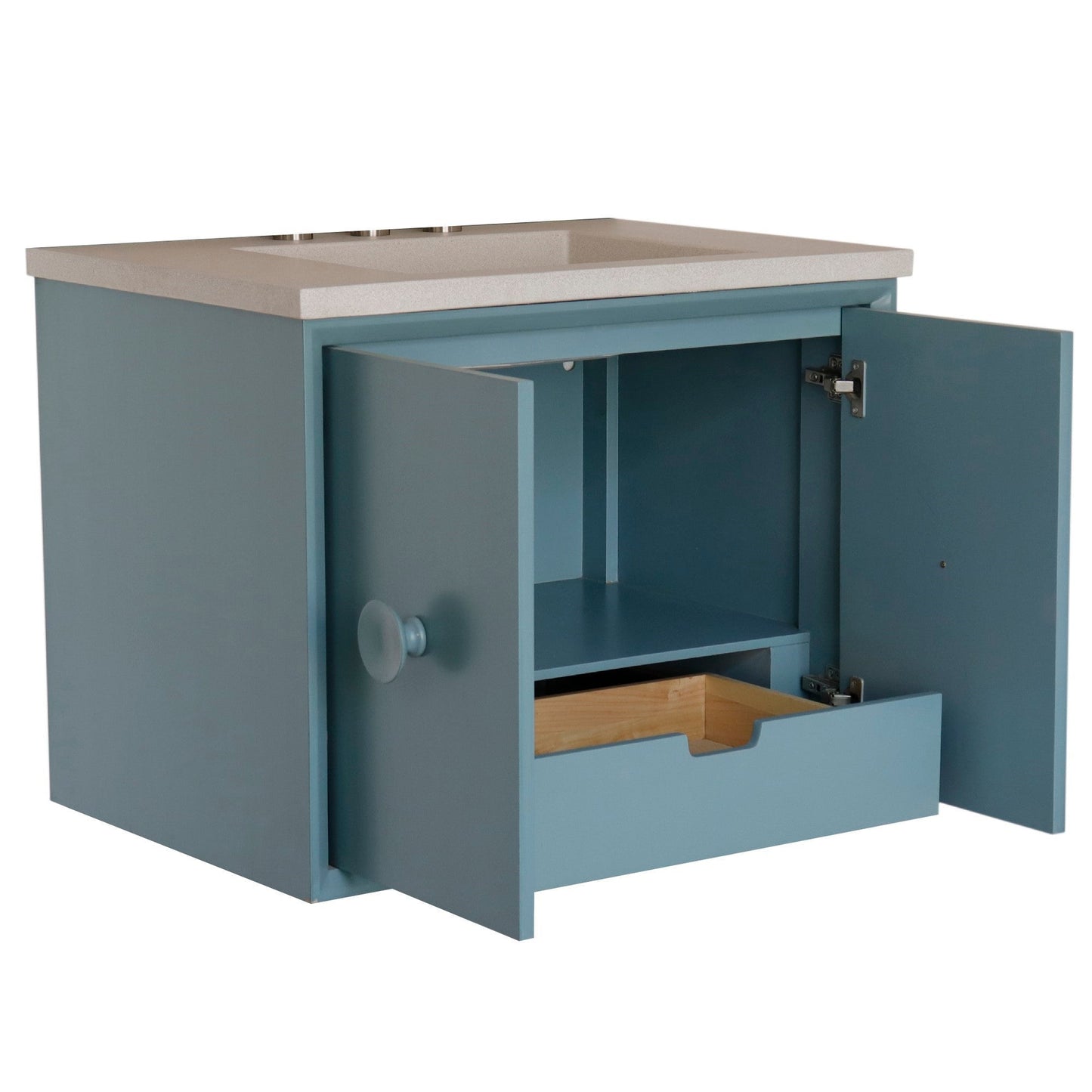 Bellaterra Home Stora 31" 2-Door 1-Drawer Aqua Blue Wall-Mount Vanity Set With Concrete Integrated Rectangular Ramp Sink and White Concrete Top