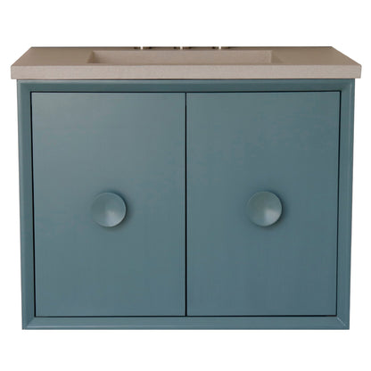 Bellaterra Home Stora 31" 2-Door 1-Drawer Aqua Blue Wall-Mount Vanity Set With Concrete Integrated Rectangular Ramp Sink and White Concrete Top